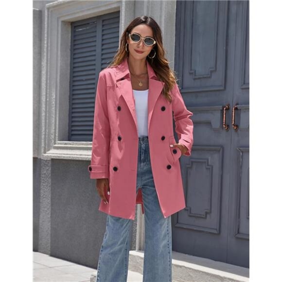 Women's Waterproof Trench Coat Classic Lapel Outerwear Coat with Belt - Picture 3 of 6